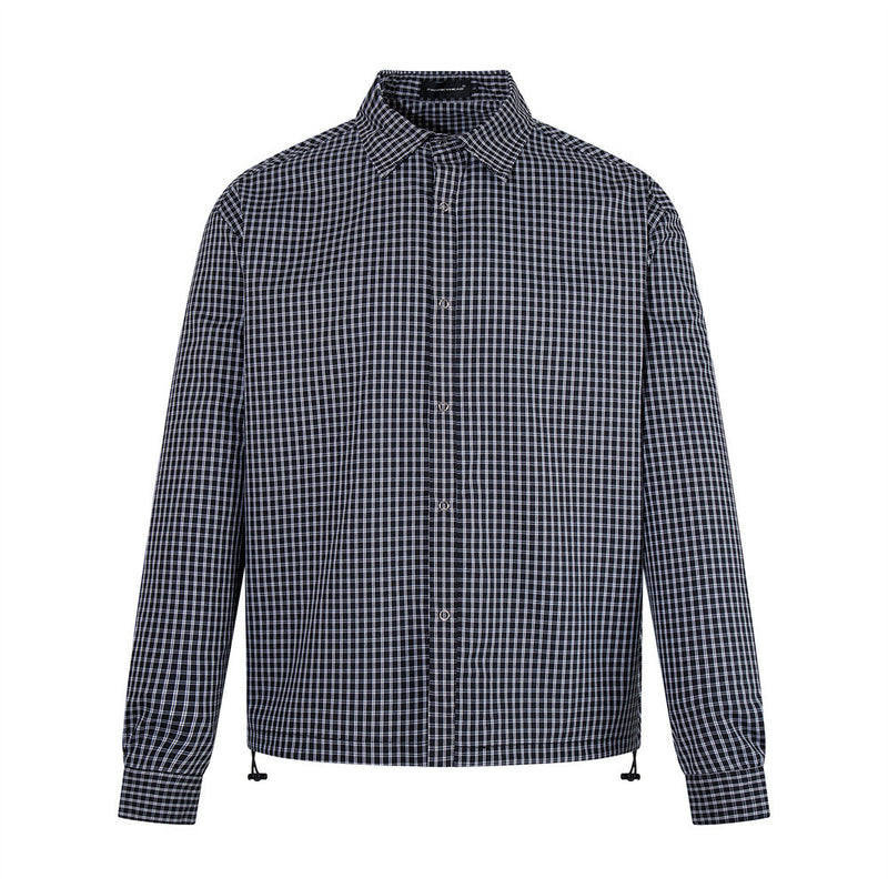 Men's oversized plaid long-sleeve shirt with drawstring hem in navy check, front view