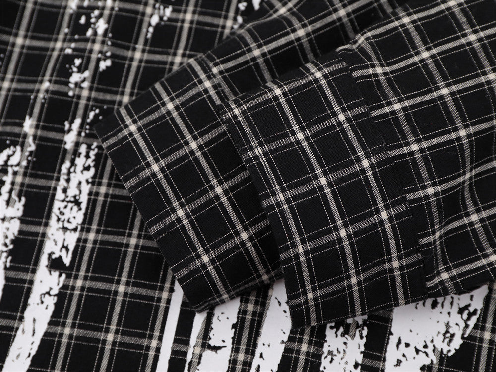 Plaid Long Sleeve Shirt – Graffiti Print & Old English Embroidery, Oversized Fit