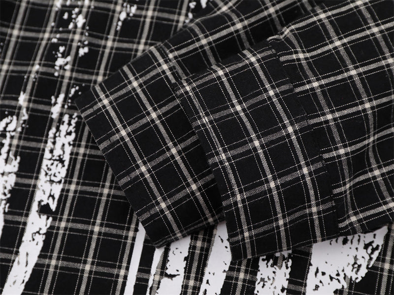 Plaid Long Sleeve Shirt – Graffiti Print & Old English Embroidery, Oversized Fit