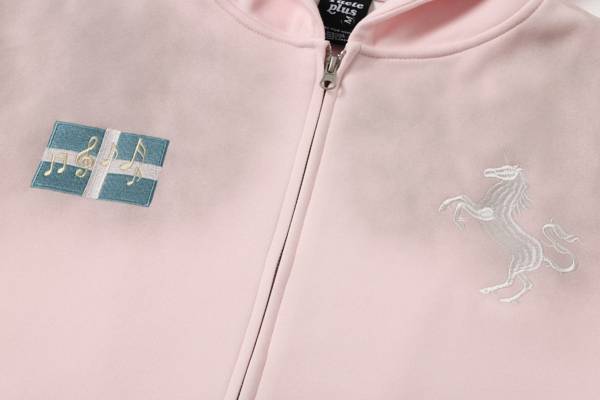 Zip-Hoodie mit aufgesticktem Einhorn und Badge-Patches – Gewaschener Farbverlauf