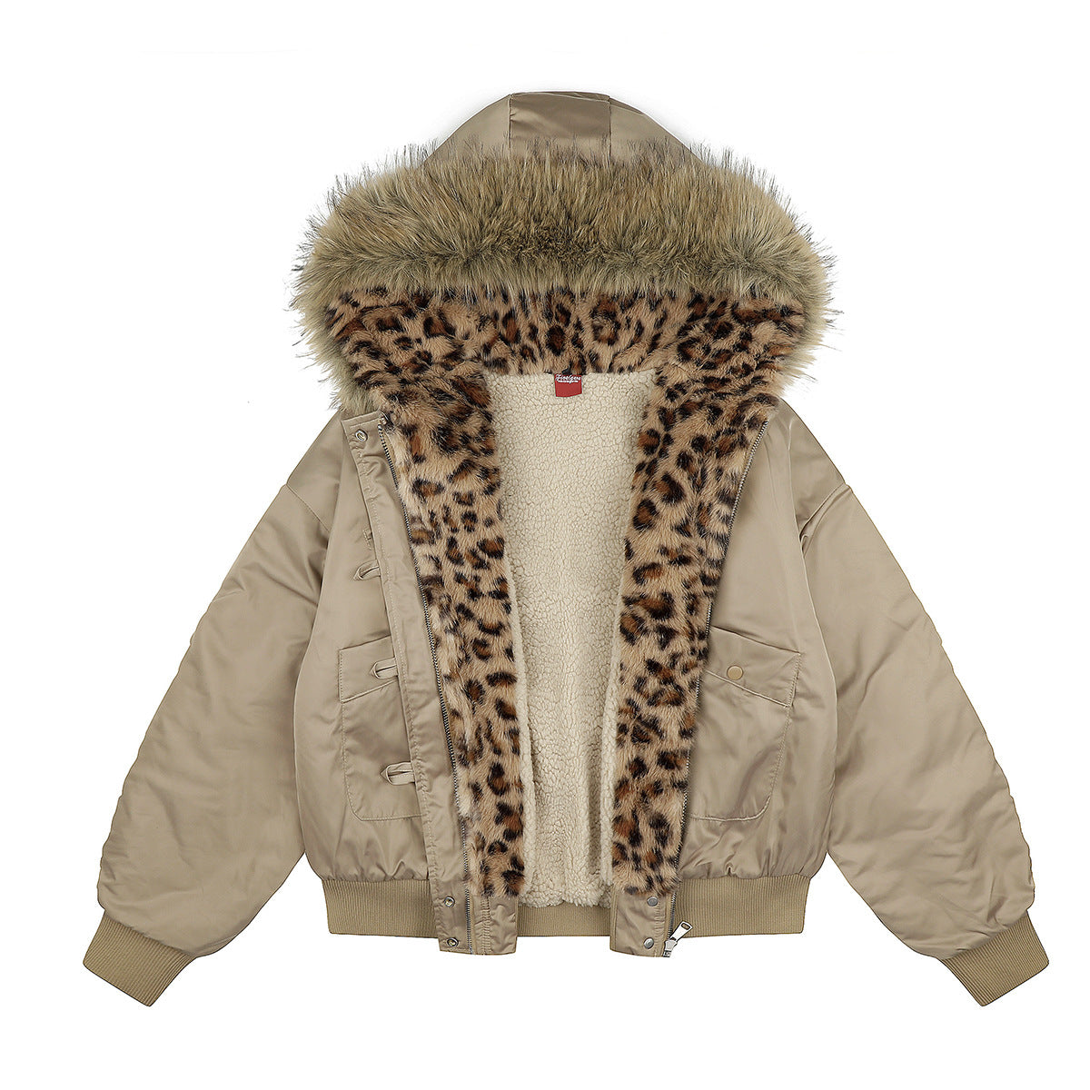 Oversized leopard-print fleece-lined bomber jacket with faux fur hood in khaki, open front showing sherpa interior lining