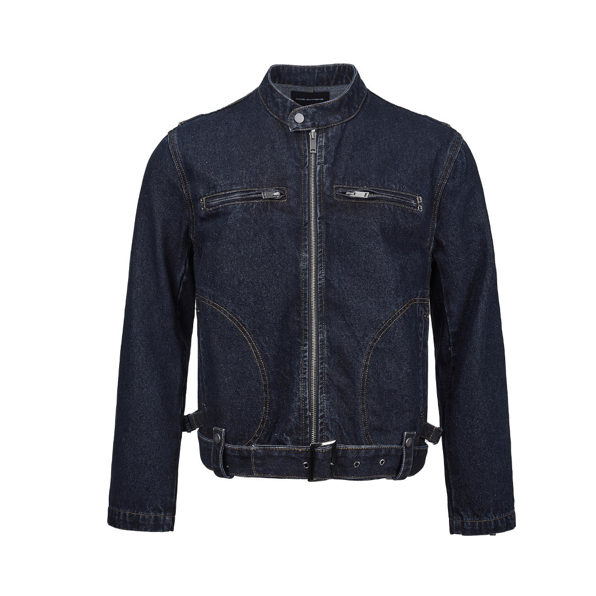Veste motard en jean indigo foncé, col montant, poches poitrine zippées et bas ceinturé ajustable, vue de face