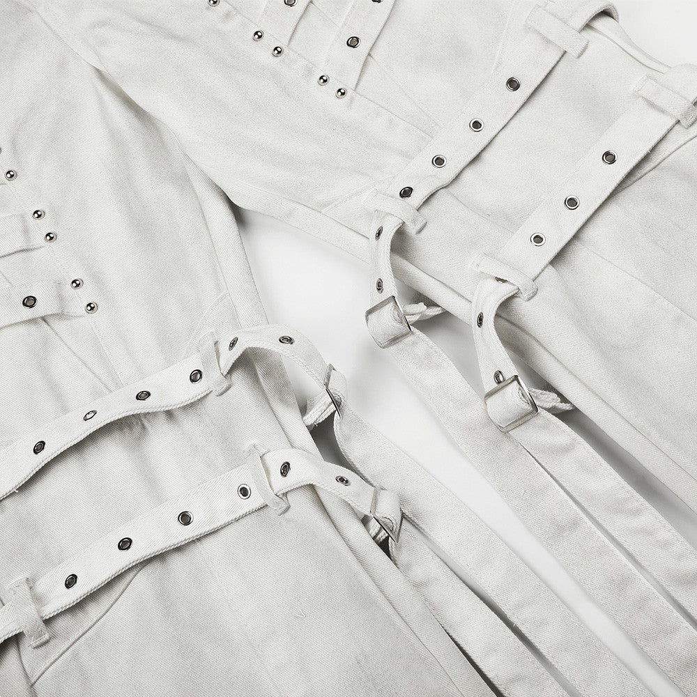 Men's Bell Bottom Jeans with Gothic Harness Straps, Metal Eyelets & Ribbon