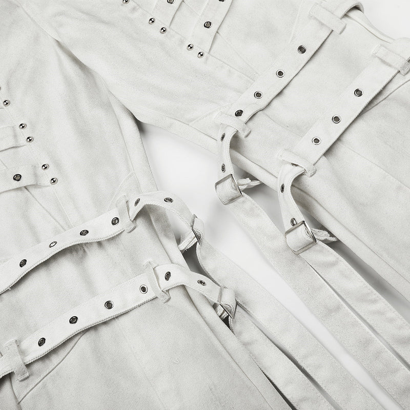 Men's Bell Bottom Jeans with Gothic Harness Straps, Metal Eyelets & Ribbon