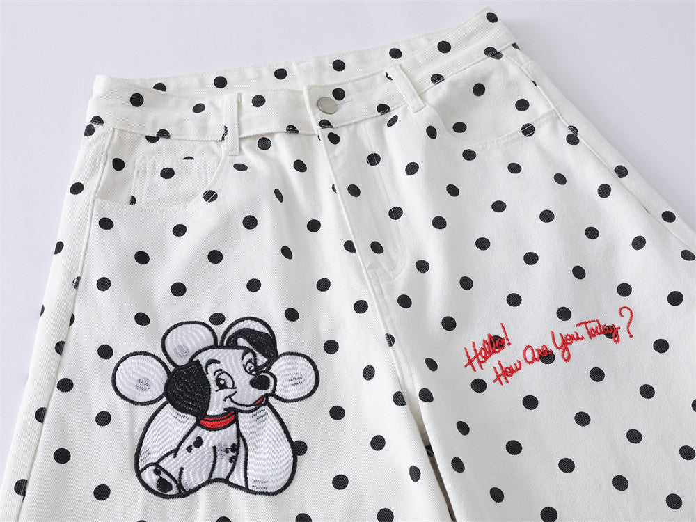 Pantalon baggy wide-leg à pois avec broderies cartoon dalmatien