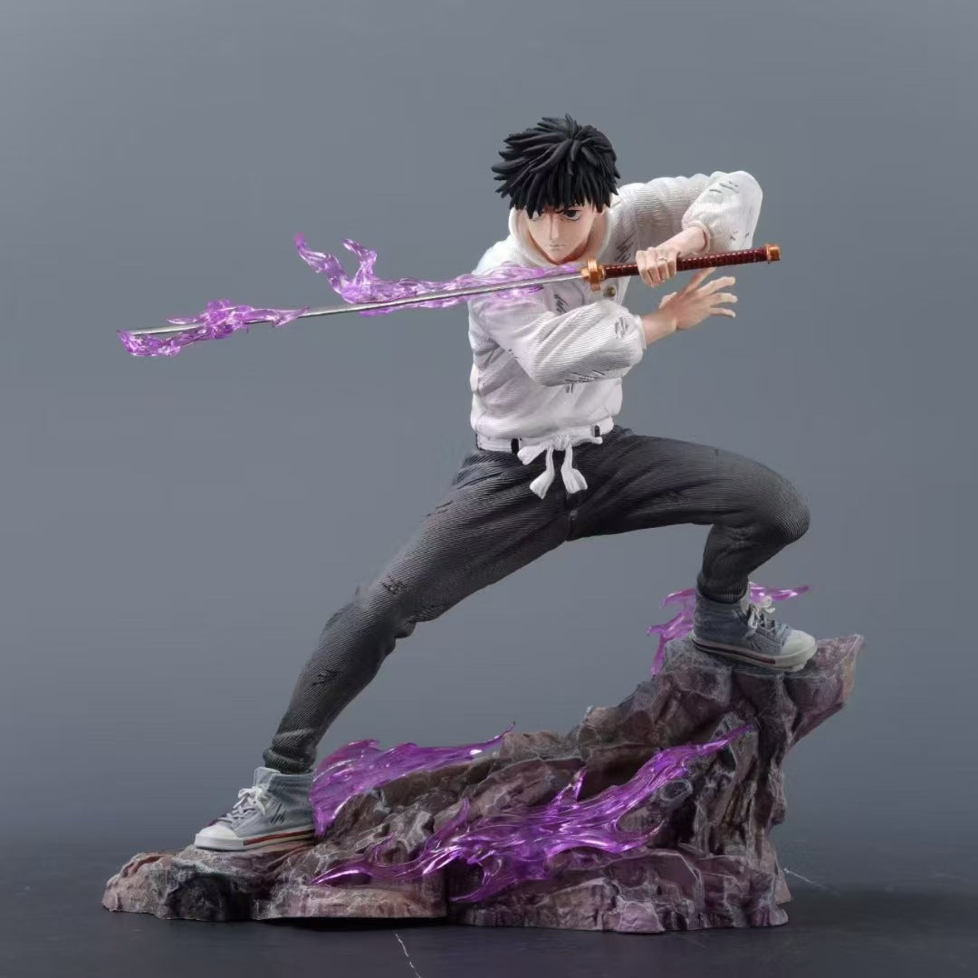 Explore the Jujutsu Kaisen Yuta Okkotsu PVC Figure, a dynamic 21 cm collectible. Showcasing Yuta in battle pose with a katana and vibrant purple energy effects on a rocky base, this figure captures his character&