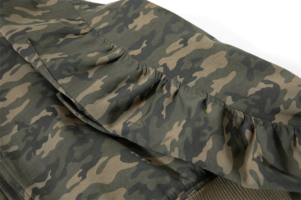 Blouson bomber homme camouflage à capuche, fermeture zippée et manches plissées