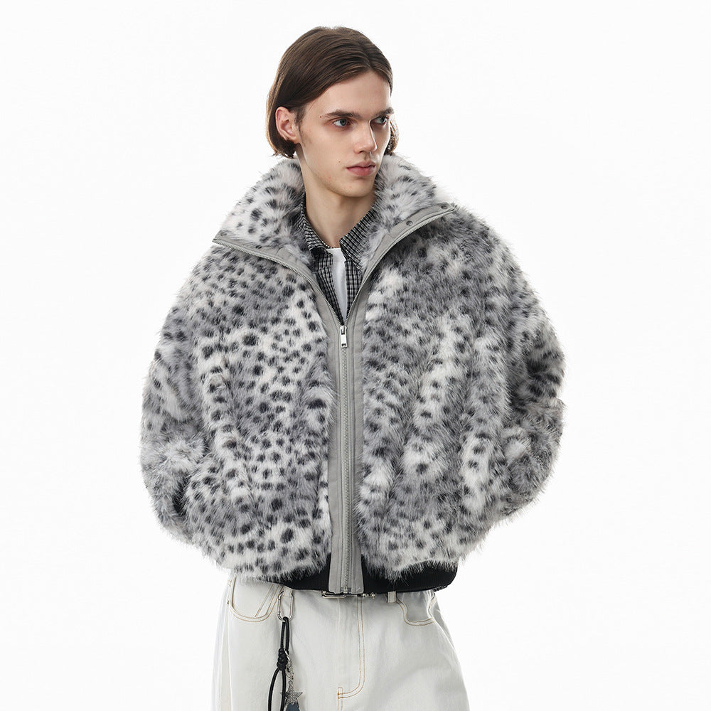 Faux Fur Leopard Print Bomber Jacket – Men's Oversized High-Collar Winter Coat