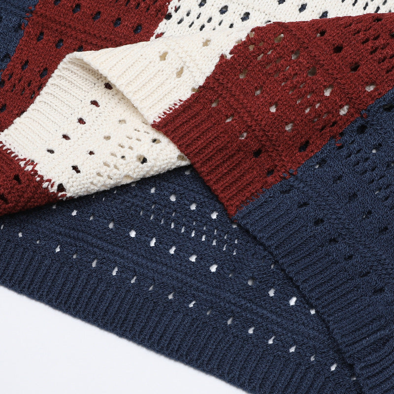 Colorblock Open-Knit Crew Neck Sweater – Varsity Stripe Pullover