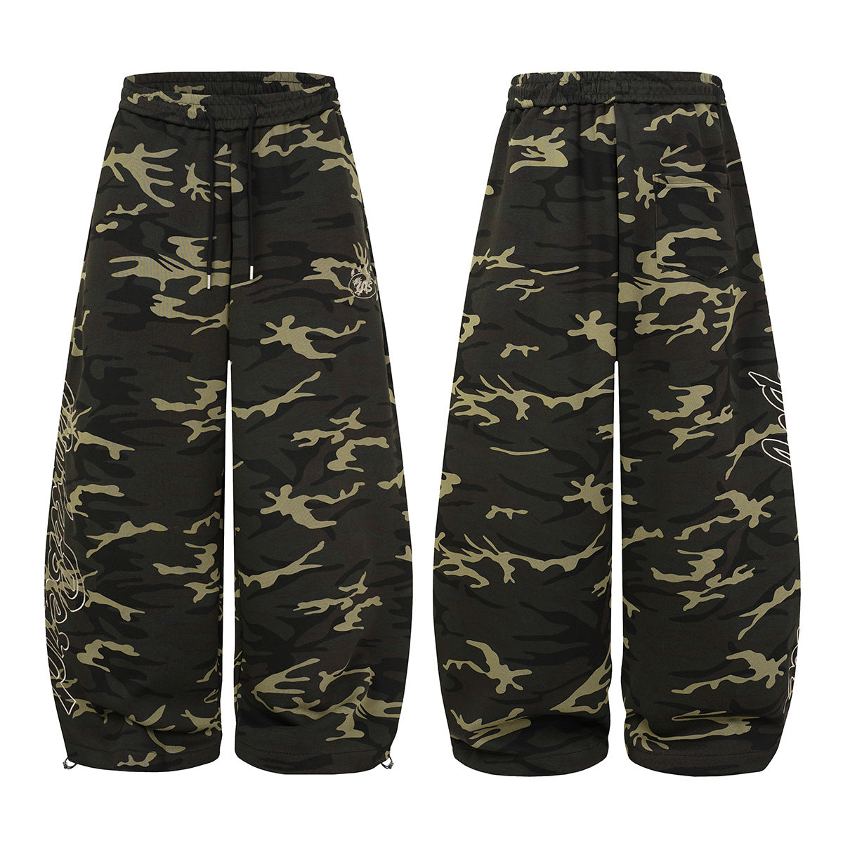Baggy-Sweatpants mit weitem Bein – Camo- und schwarze Streetwear-Jogger mit Grafikprint