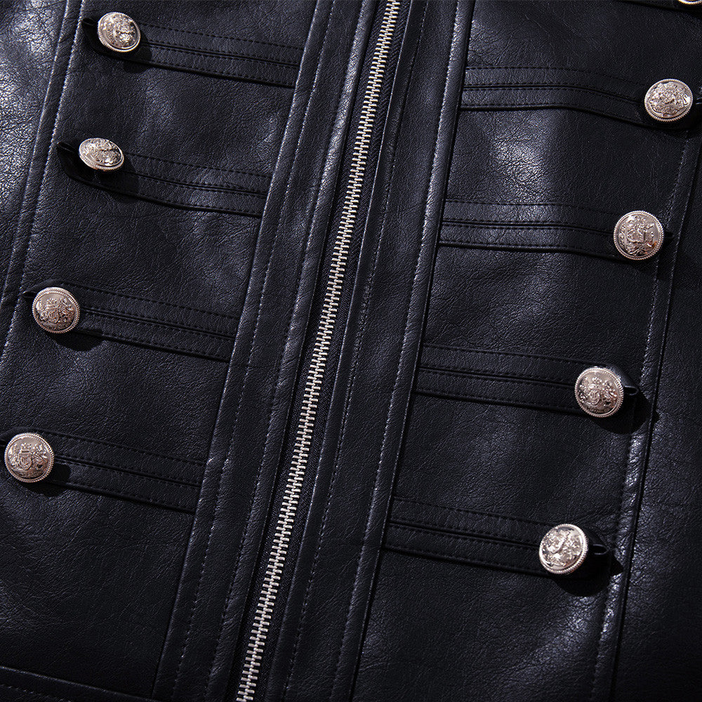 Veste militaire noire pour homme en similicuir PU avec double rangée de boutons argentés