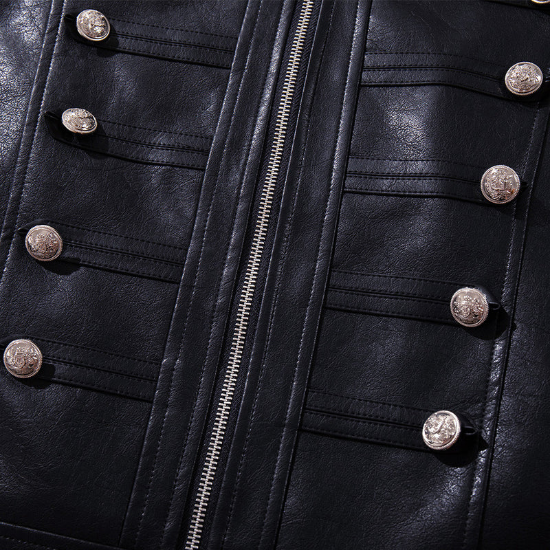 Veste militaire noire pour homme en similicuir PU avec double rangée de boutons argentés