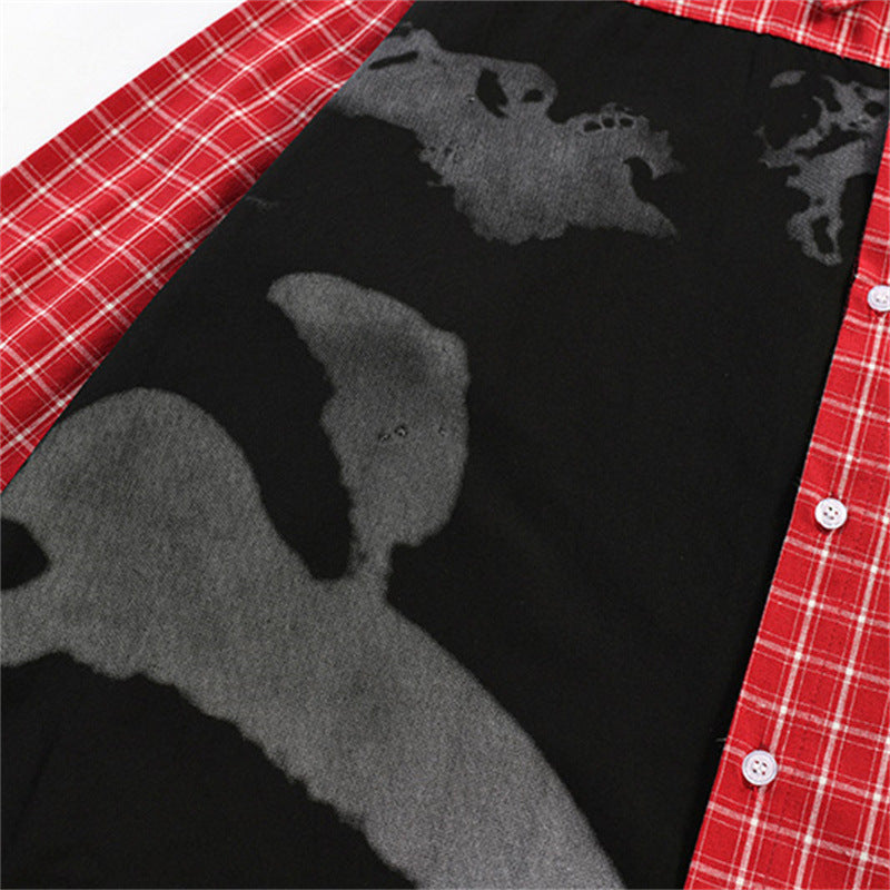 Plaid Patchwork Shadow Print Long Sleeve Shirt – Oversized Punk Street Style