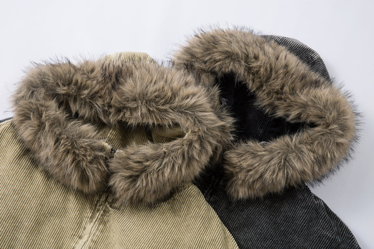 Corduroy Padded Jacket with Faux Fur Hood – Oversized Washed Winter Coat