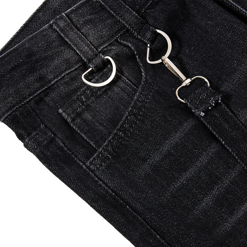 Gothic Buckle Strap Flare Jeans – Men's Washed Black Distressed Denim