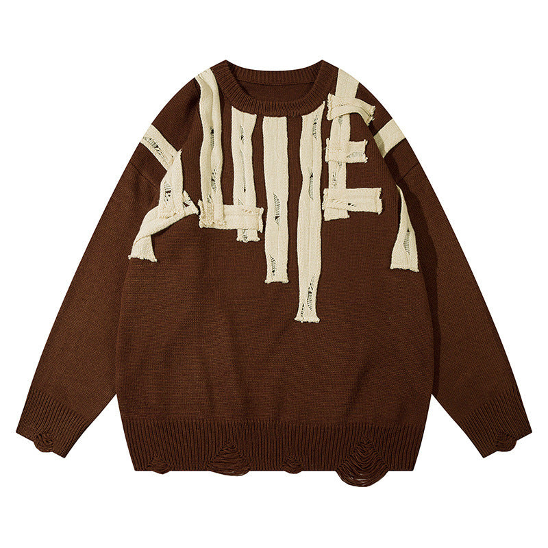 Distressed Letter Appliqué Crewneck Knit Sweater – Oversized Streetwear Pullover
