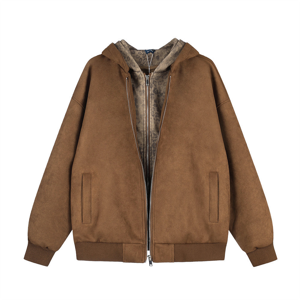 Veste zippée à capuche oversize marron effet daim, doublure polaire léopard, vues de face et de dos