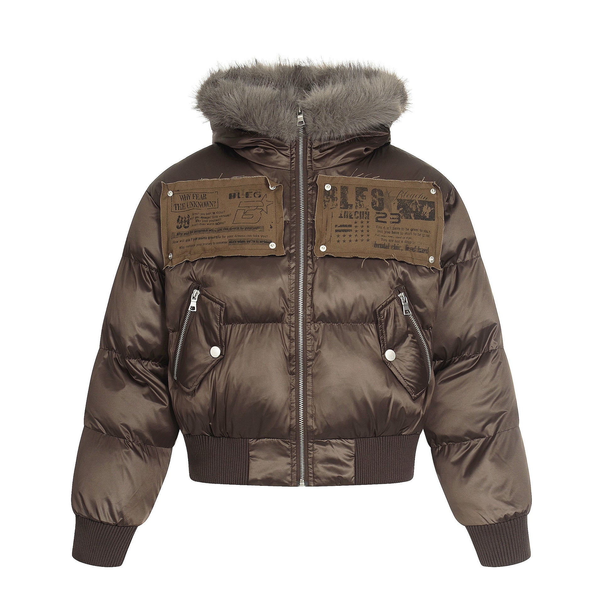 Blouson bomber matelassé court à col en fourrure – Manteau d’hiver à capuche et écussons graphiques