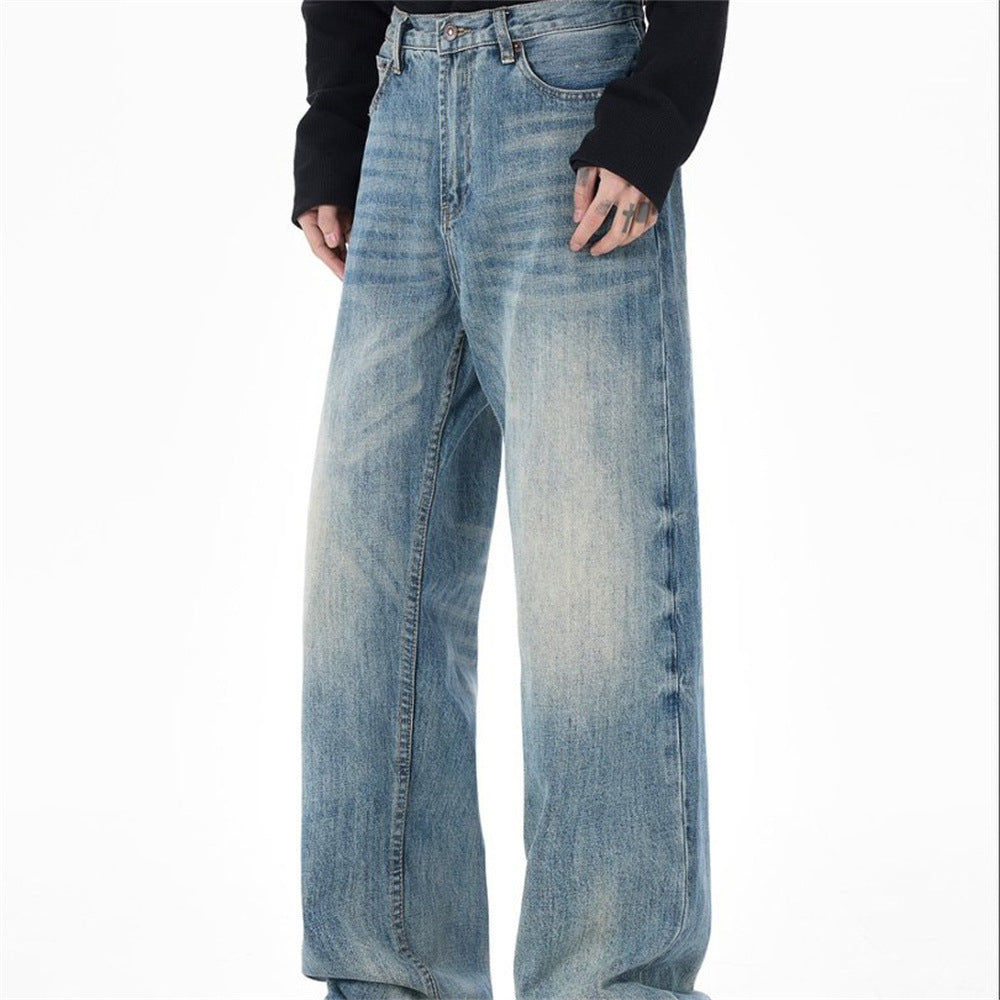 Wide-Leg Washed Vintage Blue Jeans – Men's Relaxed Straight Denim