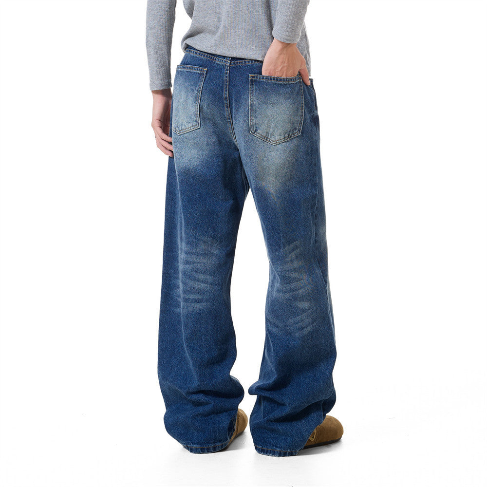 Baggy-Jeans mit weitem Bein – Knopfleiste, gewaschenes Dunkelblau, gerader High-Street-Schnitt