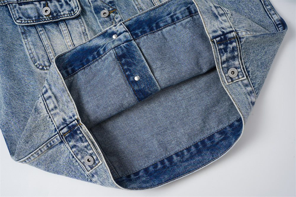 Veste en denim délavé à l’acide avec col en velours côtelé – Coupe oversize streetwear