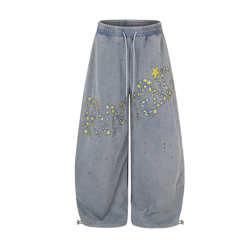 Pantalon de survêtement baggy à jambes larges, imprimé constellation d’étoiles, délavé