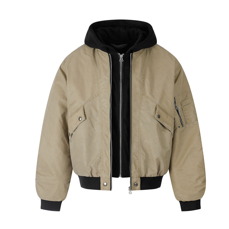 Oversized Padded Bomber Jacket – Faux Two-Piece Hooded Cotton Outerwear