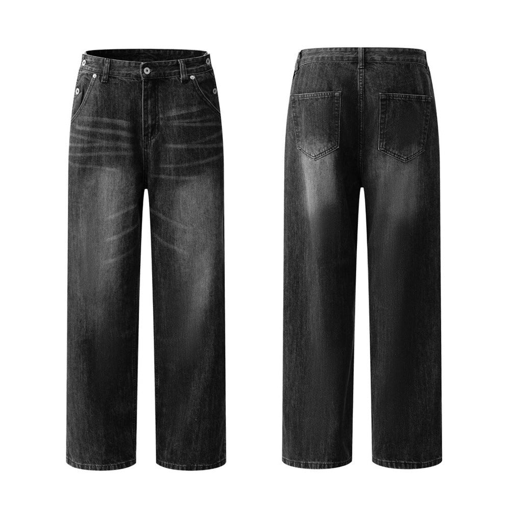 Men's baggy wide-leg vintage washed black denim jeans with button fly and side-tab waistband, front and back view