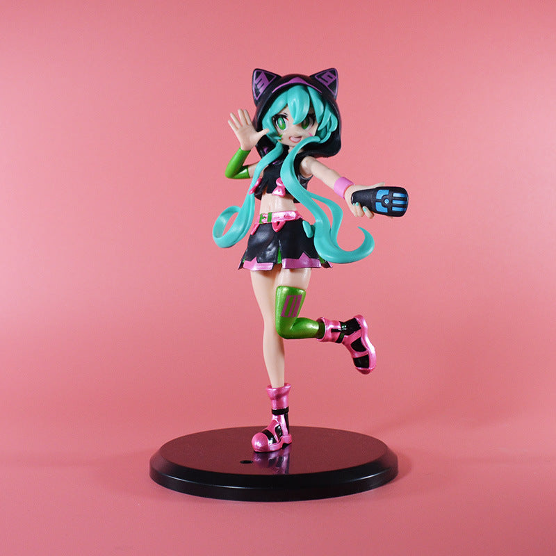 The Hatsune Miku Cat Hoodie 17cm PVC Figure, a cute and stylish Vocaloid collectible, features a teal-haired animated character with cat ears and a playful hoodie. It is posed on one leg with one hand raised against a pink background on a sleek black base.