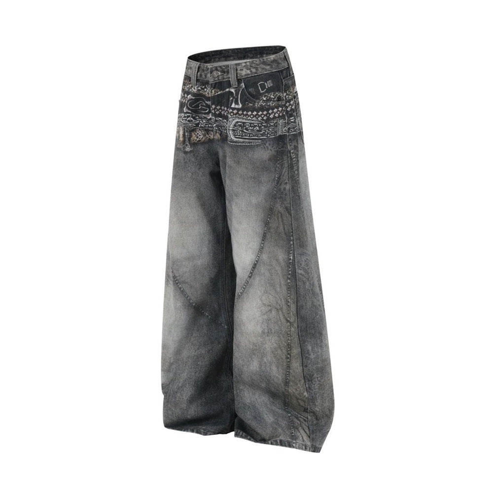 Baggy Wide-Leg Jeans – Paisley Graphic Waistband, Acid-Washed Grey Denim