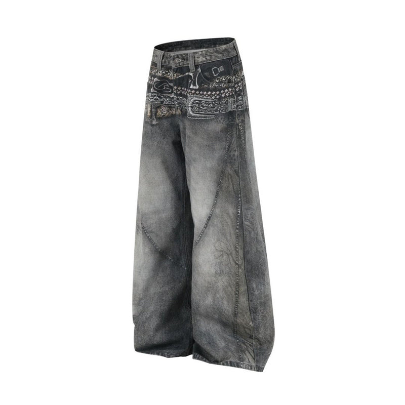 Baggy Wide-Leg Jeans – Paisley Graphic Waistband, Acid-Washed Grey Denim