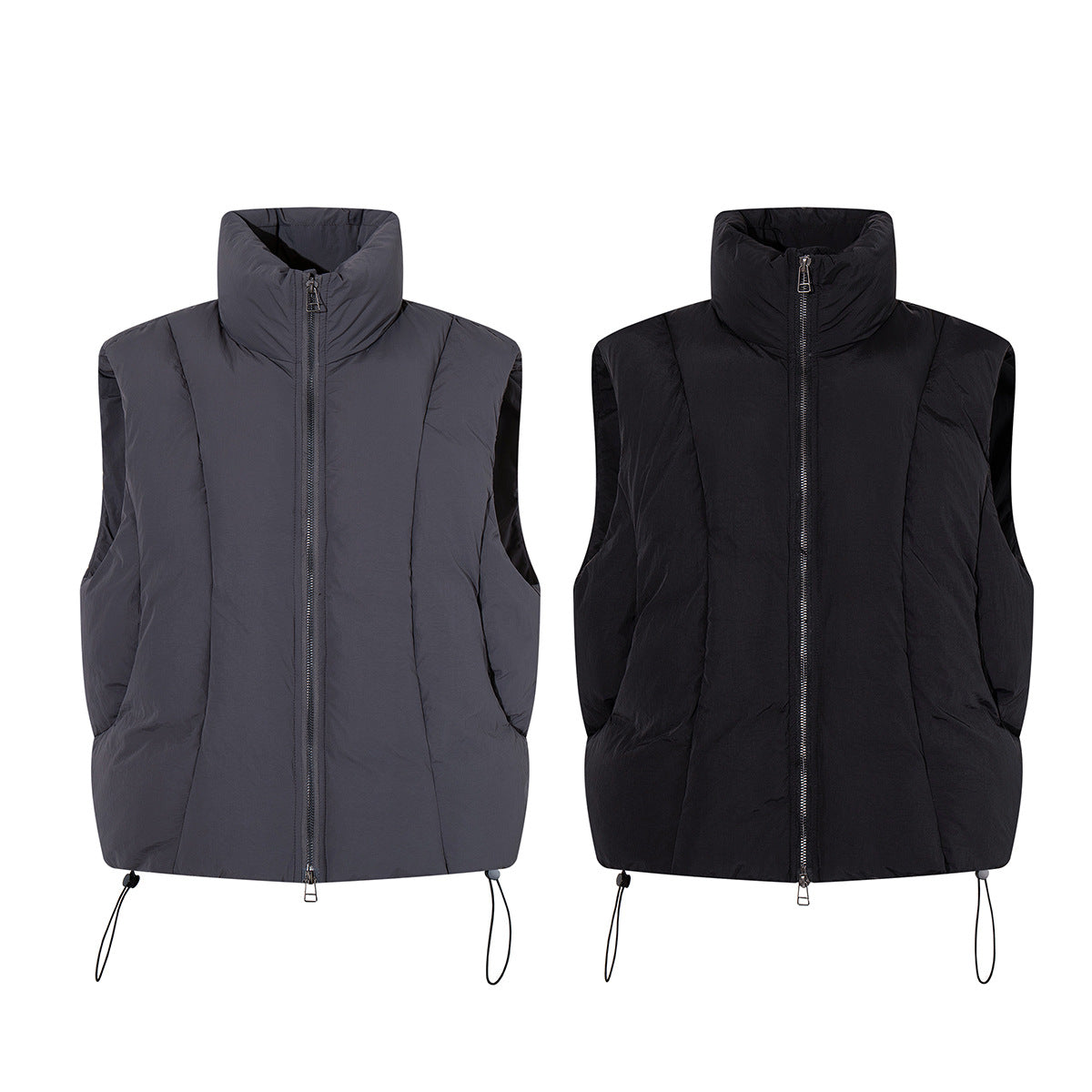 Padded puffer vest with stand collar and zip-up front in charcoal gray and black
