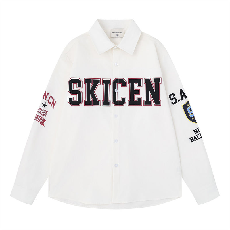 Varsity Letter Print Oversized Long Sleeve Button-Up Shirt