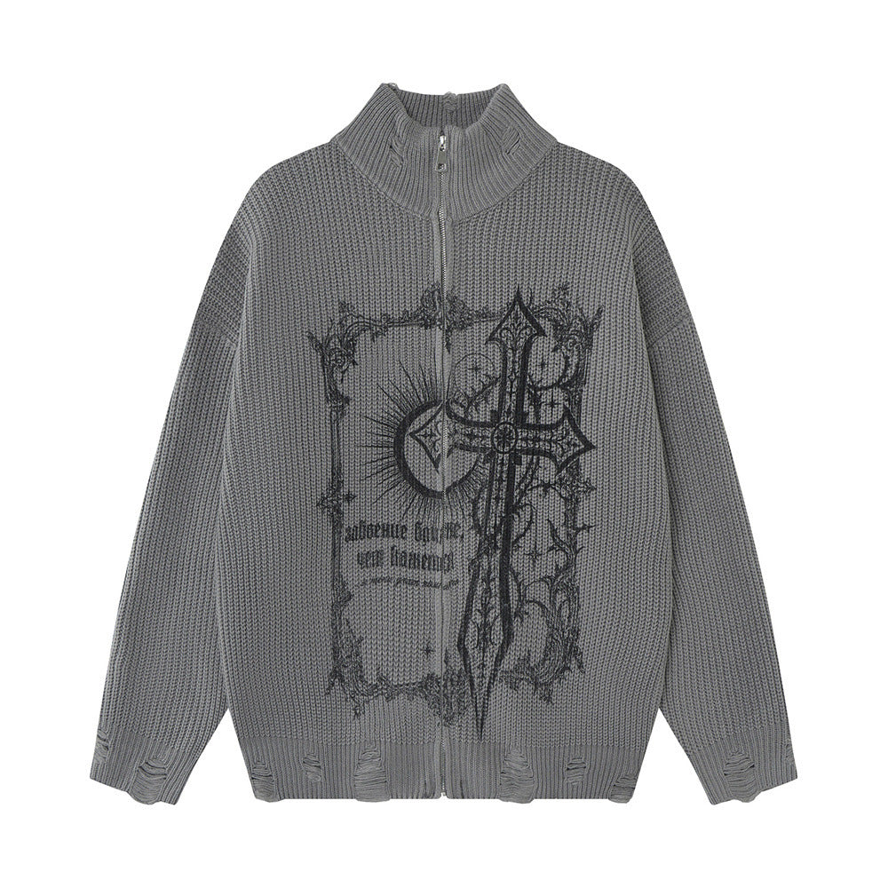 Gothic Cross Print Zip-Up Knit Cardigan Sweater – Distressed Mock Neck Men's