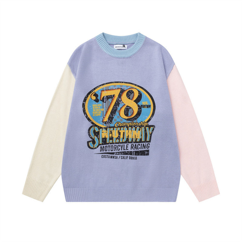 78 Speedway Colorblock Knit Sweater – Oversized Crewneck with Racing Graphic