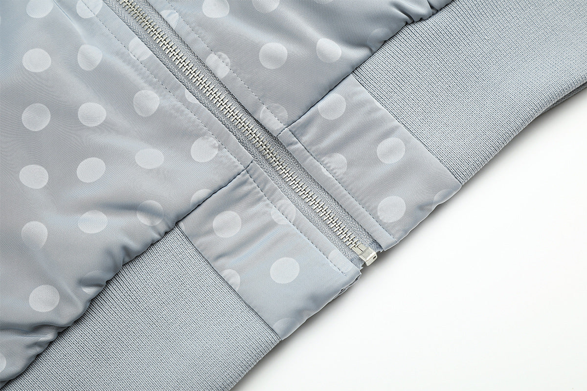 Polka Dot Puffer Bomber Jacket with Oversized Collar