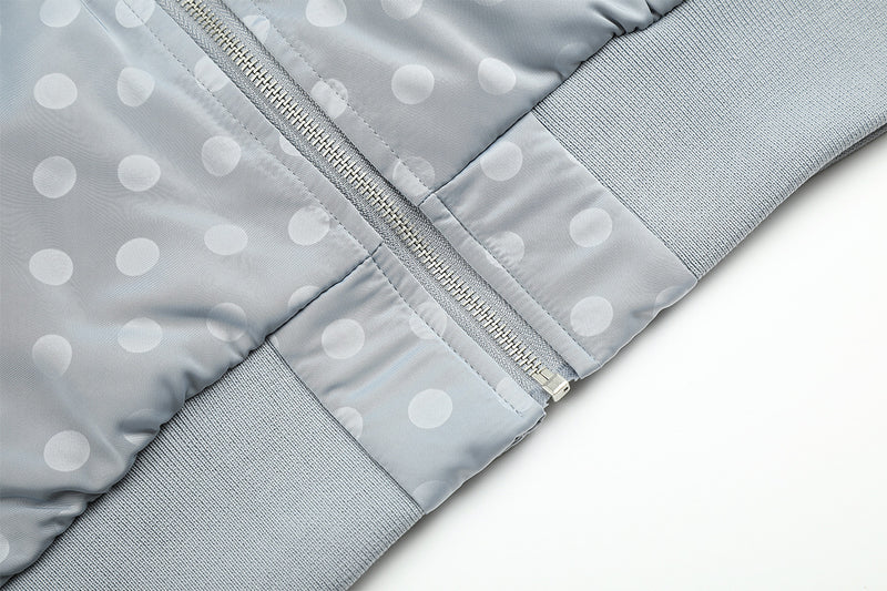 Polka Dot Puffer Bomber Jacket with Oversized Collar