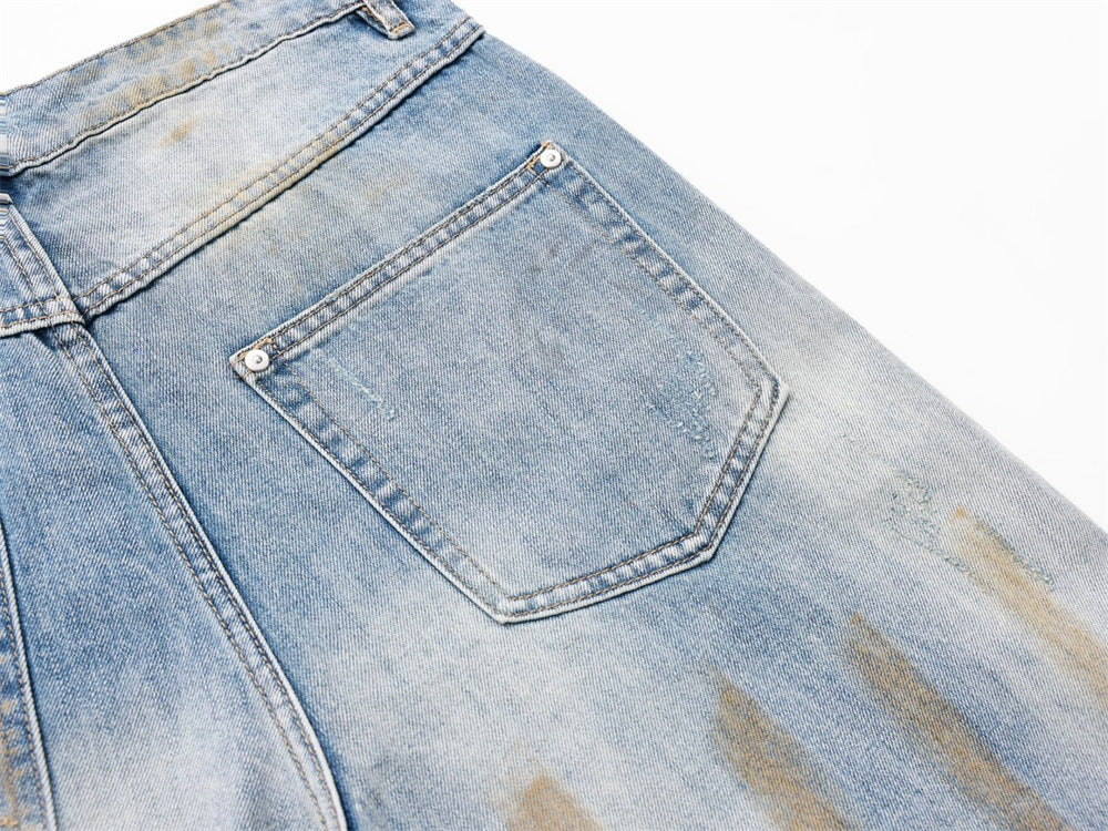 Ripped Wide-Leg Jeans – Men's Mud-Dye Distressed Straight Denim