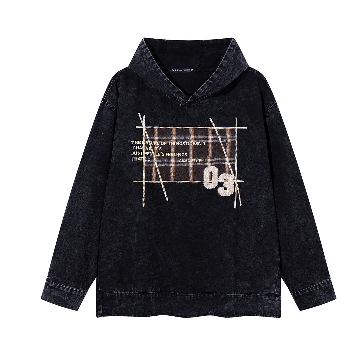 チェック柄パッチ刺繍フーディー ― アシッドウォッシュ vintageストリートウェアプルオーバー