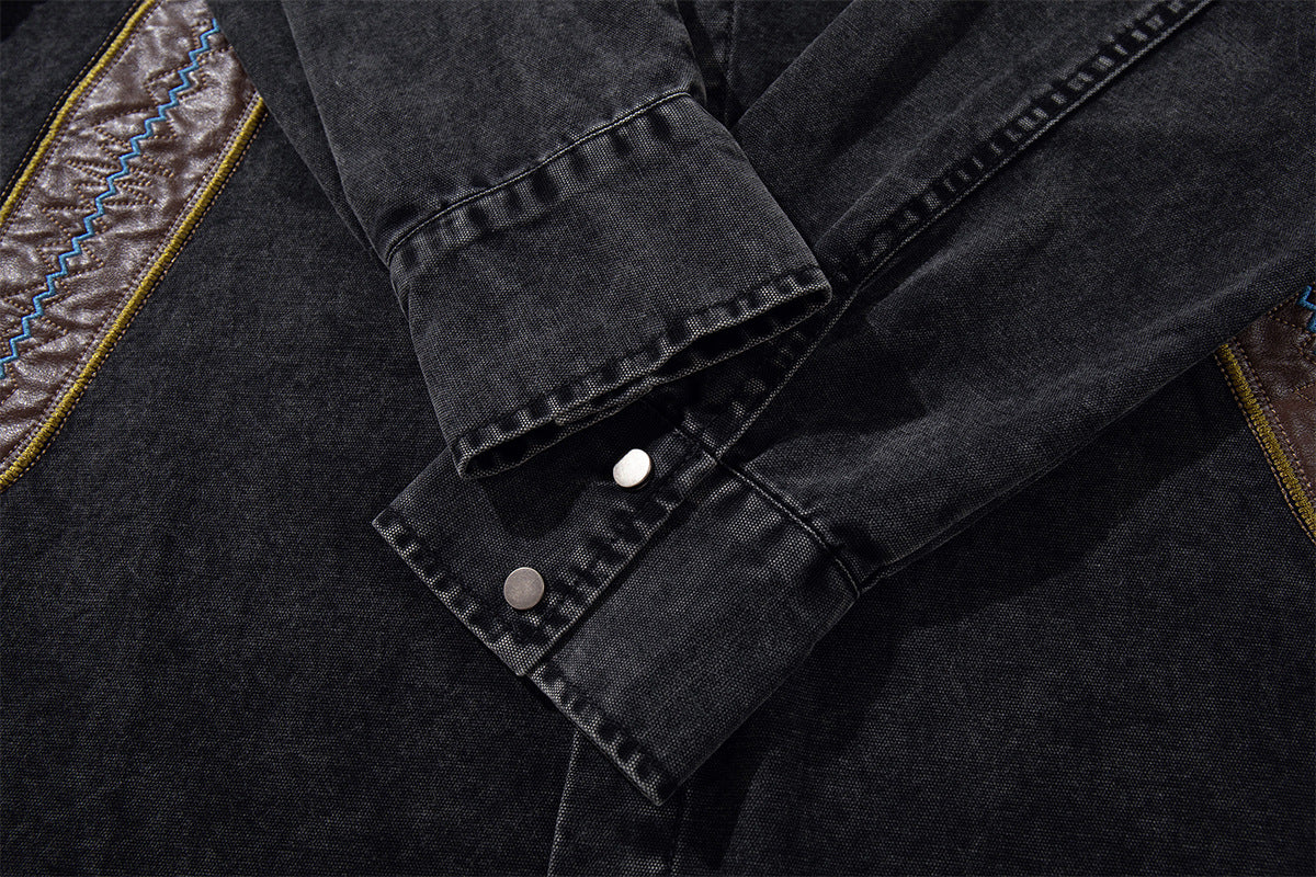 Acid Wash Denim Overshirt with Leather Patch Pockets & Snap Buttons