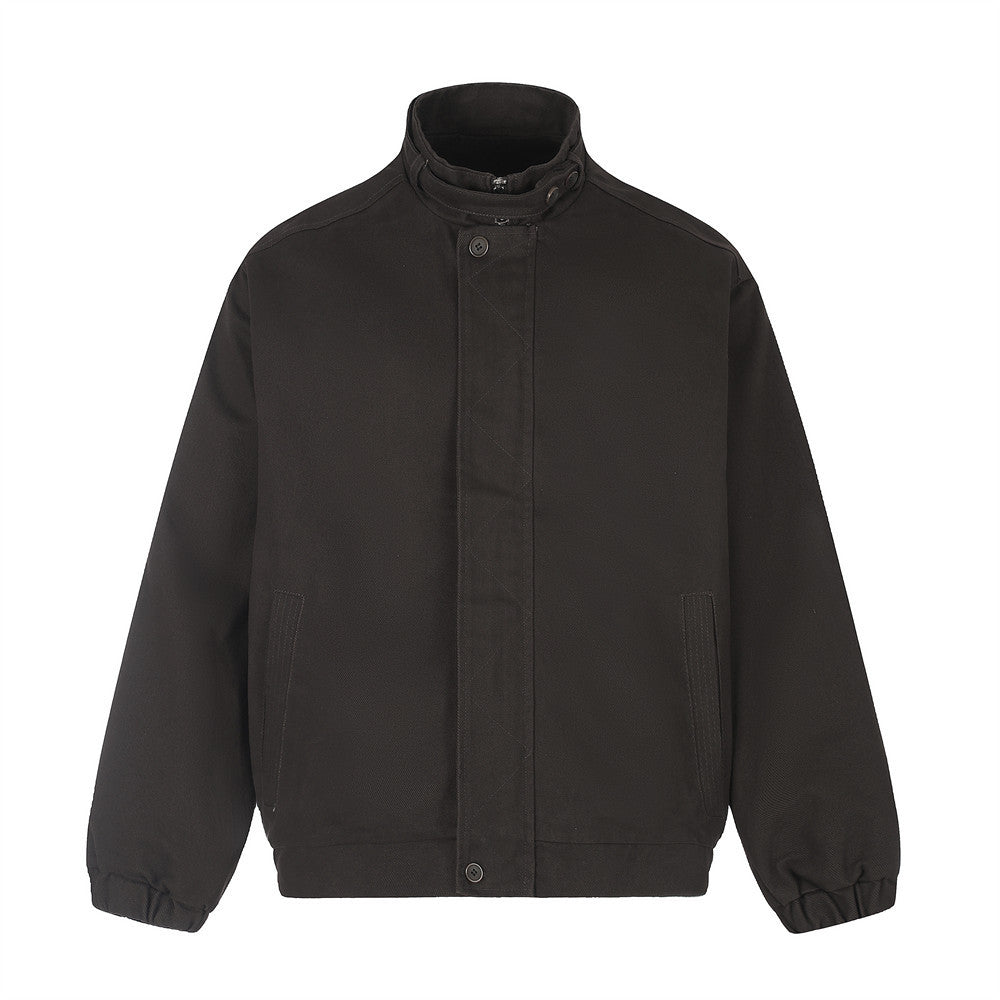 Men's mock neck stand collar bomber jacket in dark brown with hidden button placket and elasticated hem