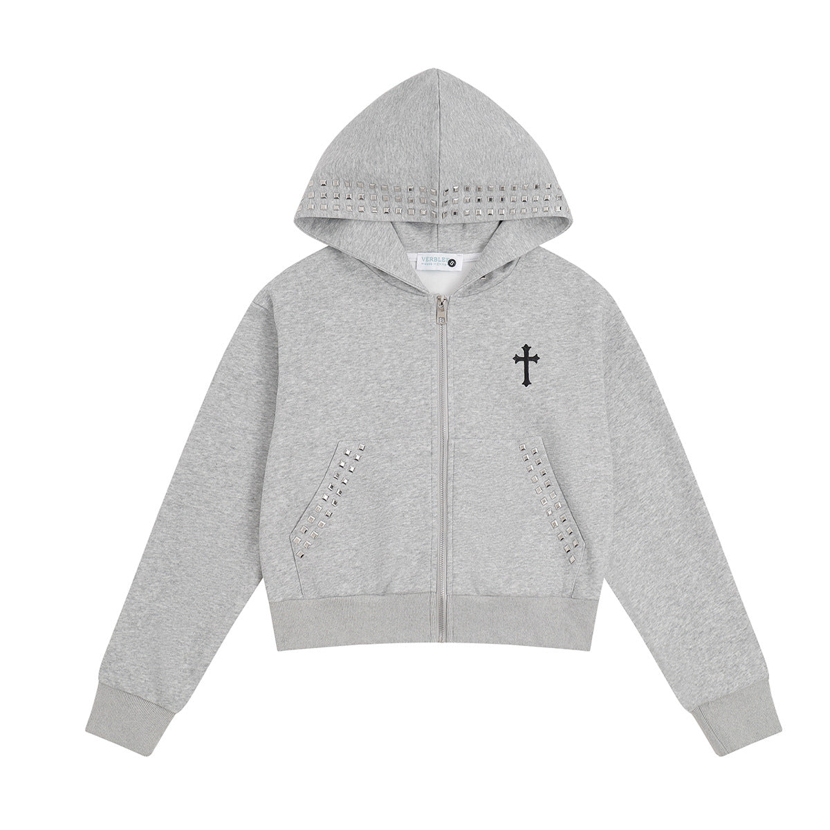 Sweat à capuche zippé court avec capuche cloutée et broderie croix