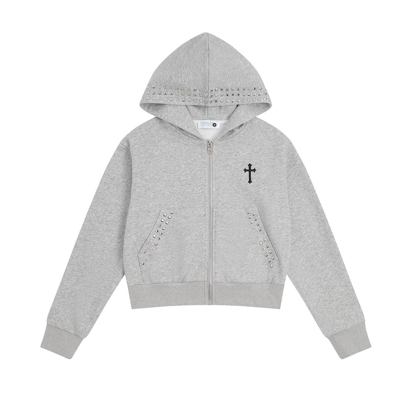 Sweat à capuche zippé court avec capuche cloutée et broderie croix