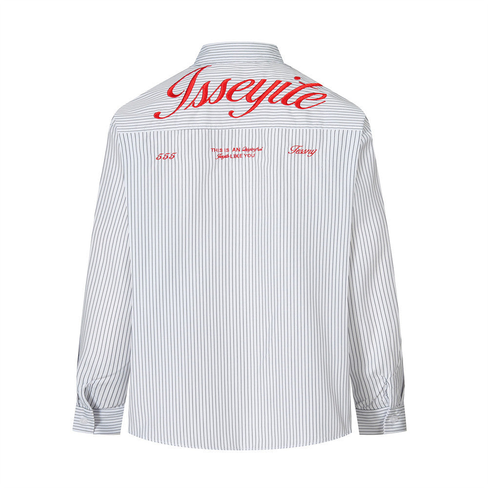 Back view of a white striped long sleeve shirt with red lettering across the shoulders