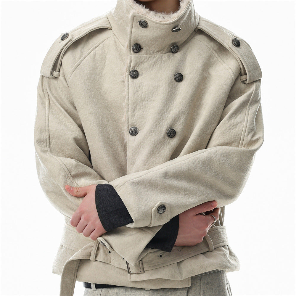 Men's Double-Breasted Sherpa-Collar Belted Jacket with Epaulettes