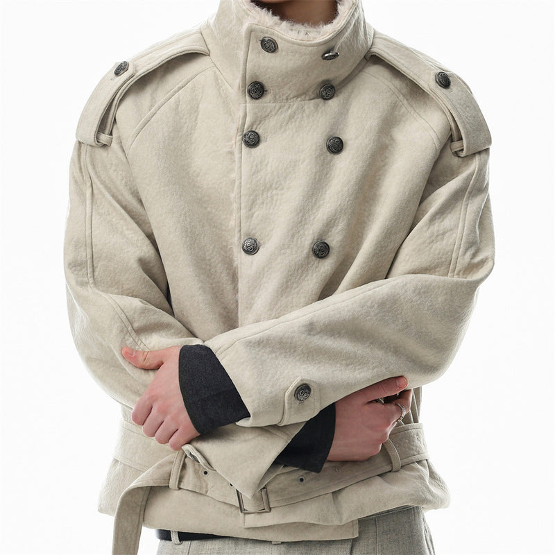 Men's Double-Breasted Sherpa-Collar Belted Jacket with Epaulettes