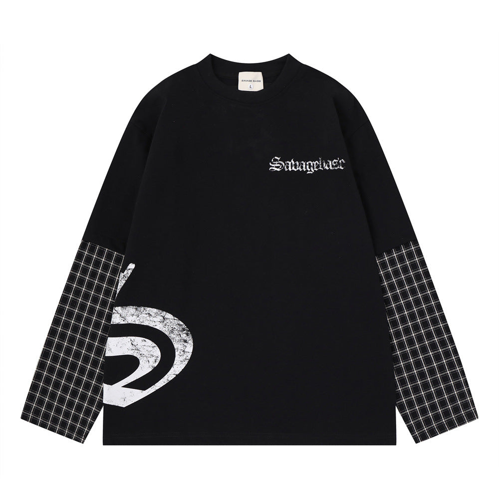 Savage Base Fake-Zweiteiler mit karierten Patchwork-Ärmeln – Oversized-Langarmshirt für Herren