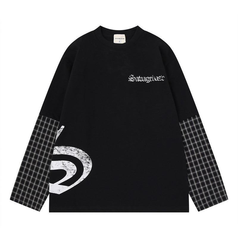 Savage Base Fake-Zweiteiler mit karierten Patchwork-Ärmeln – Oversized-Langarmshirt für Herren