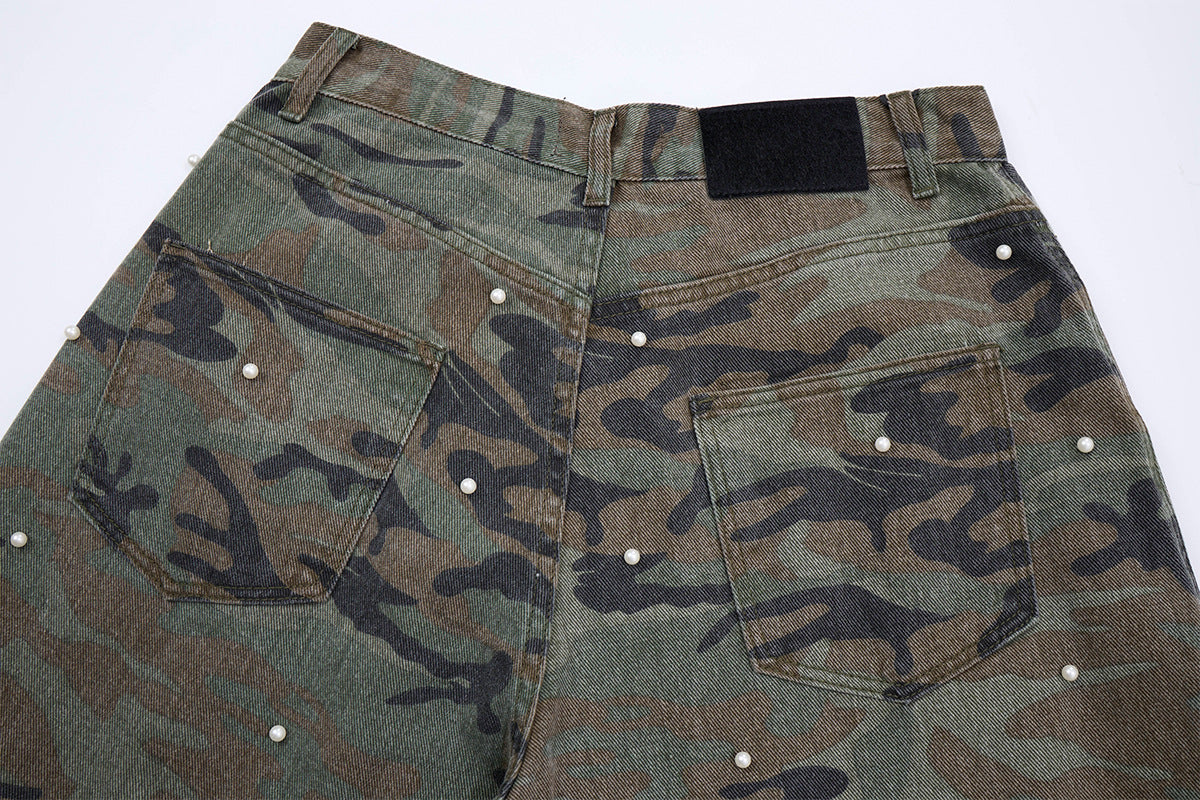 Camo Pearl Stud Cargo Pants – Wide-Leg Washed Denim Camouflage Trousers