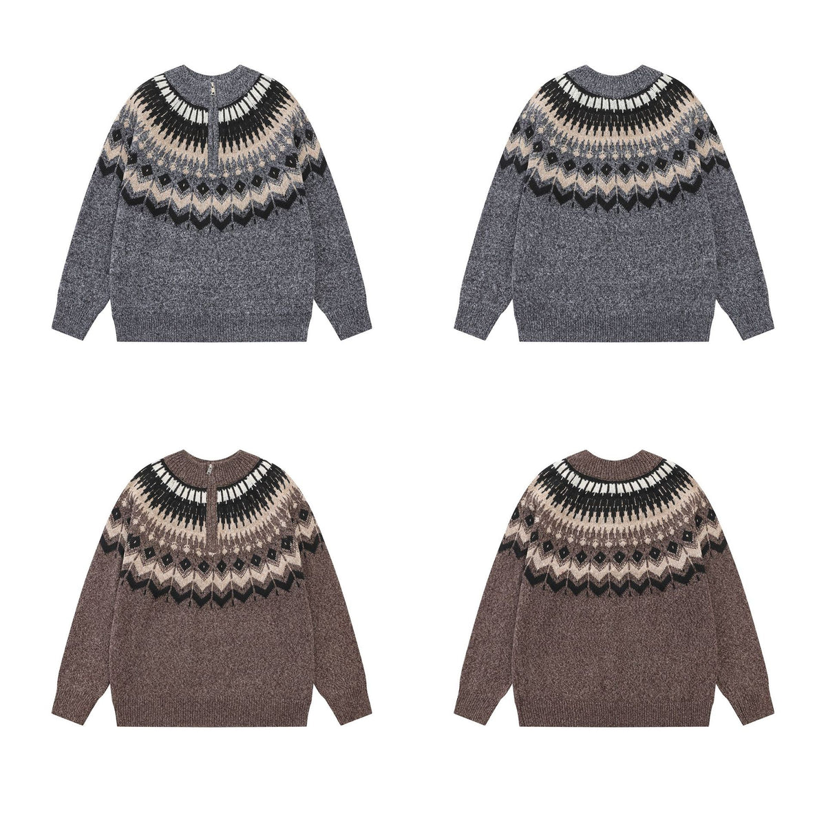 Fair Isle Jacquard Knit Zip-Up Sweater – Vintage Half-Zip Pullover
